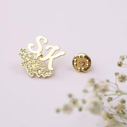 MOSKAI Initials Name Brooch Pin with Floral Design