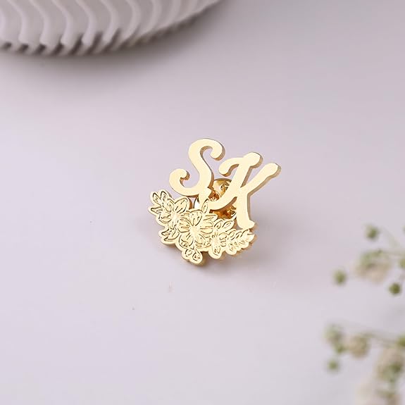 MOSKAI Initials Name Brooch Pin with Floral Design