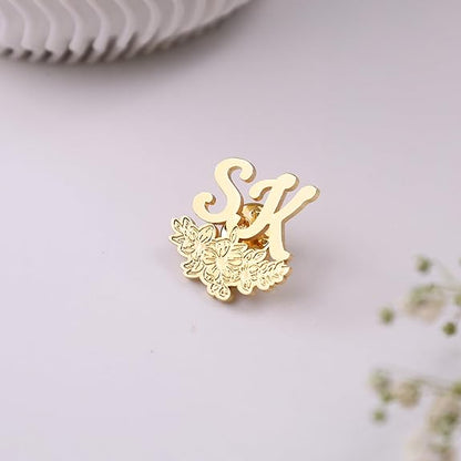 MOSKAI Initials Name Brooch Pin with Floral Design