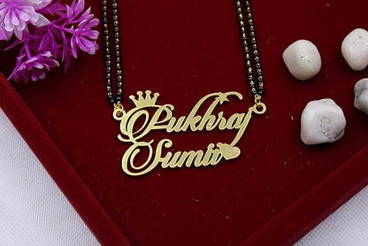 Personalized Crown & Heart Couple Name Mangalsutra – Gold Plated Double Name Pendant