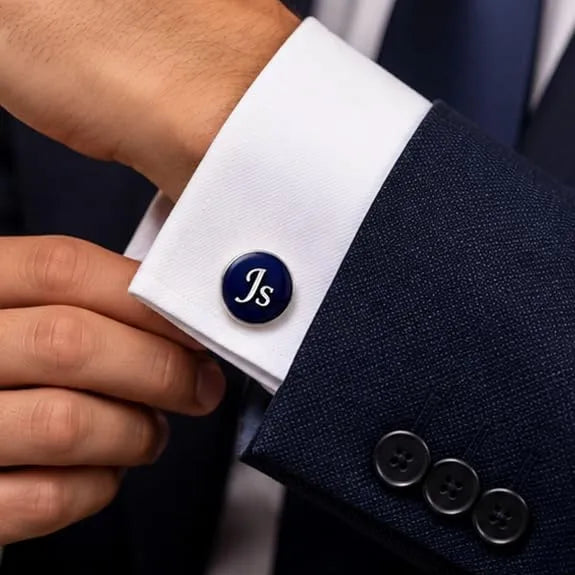 Personalised Cufflinks for Men | Custom Name & Initial Engraved Cufflinks | Navy Blue Round Design with Silver-Tone Finish | Formal Wear Accessories for Wedding, Groom & Special Occasions | Gift Ready