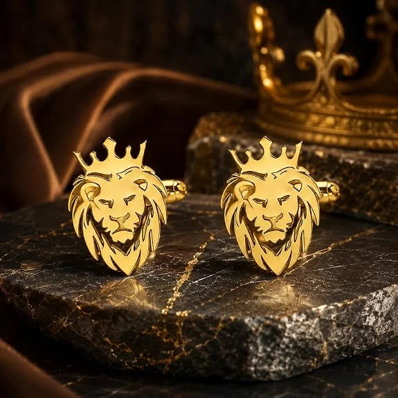 King Crown Lion Cufflinks for Men | Gold Plated Brass Lion Head Cufflinks for Formal Shirt | Royal Lion Face Design Shirt for Suit, Blazer, Tuxedo & Wedding, Suit & Blazer