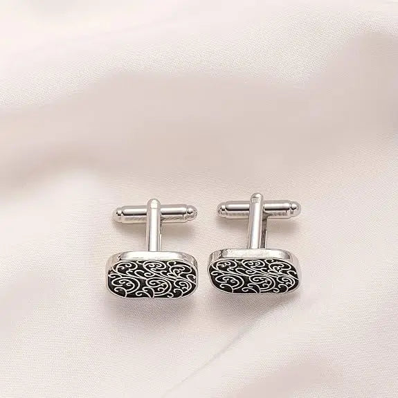Classic Retro Roman Pattern Cufflinks for Men, Silver Tone Black Enamel Ornamental Cuff Links for Formal Shirts, Designer Shirt Cufflinks for Wedding, Business, Office & Special Occasions, Stylish Men's Accessories