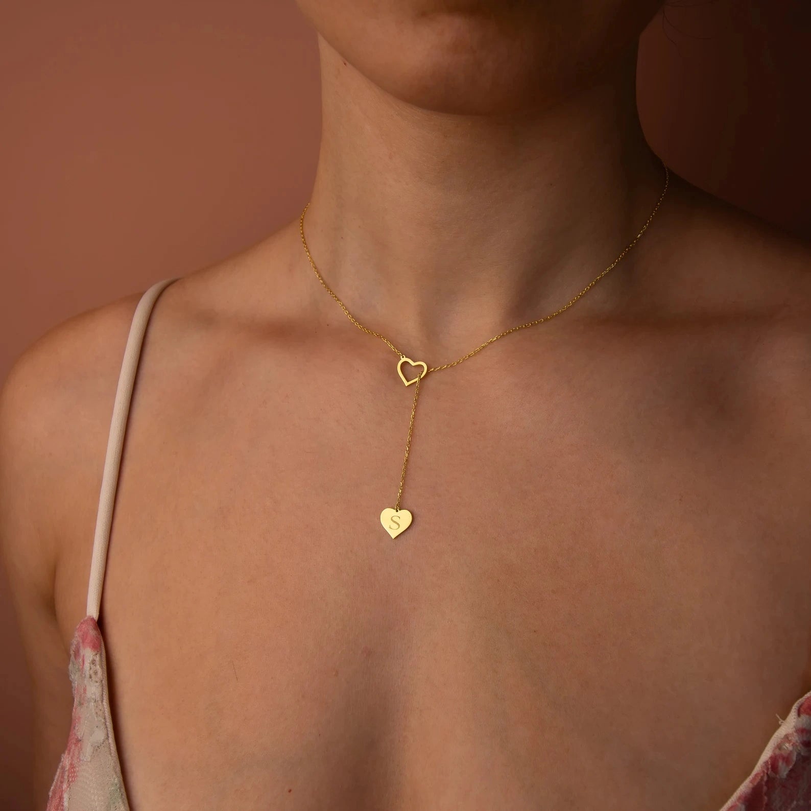 Customised Heart Initial Y-Necklace - Custom Engraved Letter in Heart Lariat Pendant for Women