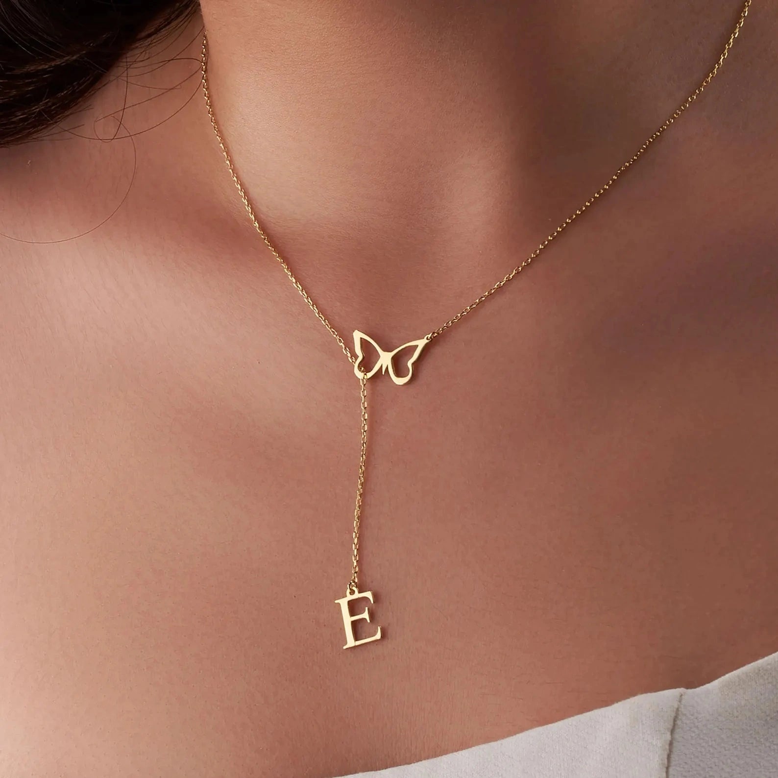 Personalized Butterfly Initial Name Y-Necklace - Custom Drop Alphabet Pendant for Women & Girls