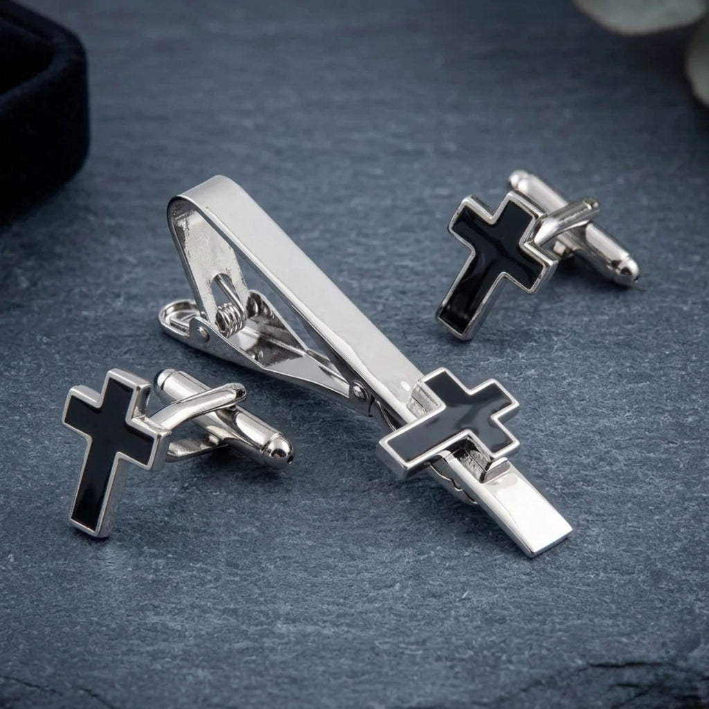 Premium Men’s Black Cross Cufflinks & Tie Clip Combo Set- Luxury Christian Gift Set for Weddings & Office Wear