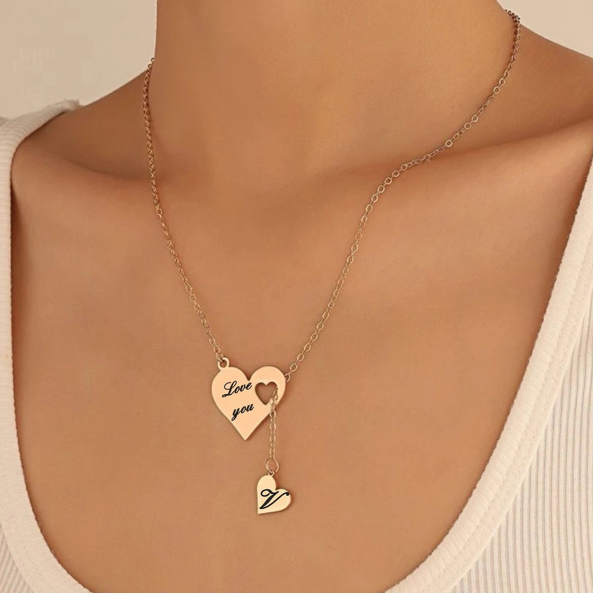 Personalized Heart Y-Lariat Necklace with Custom Initial – Engraved "Love You" Pendant-Romantic Birthday & Anniversary Gift for Her