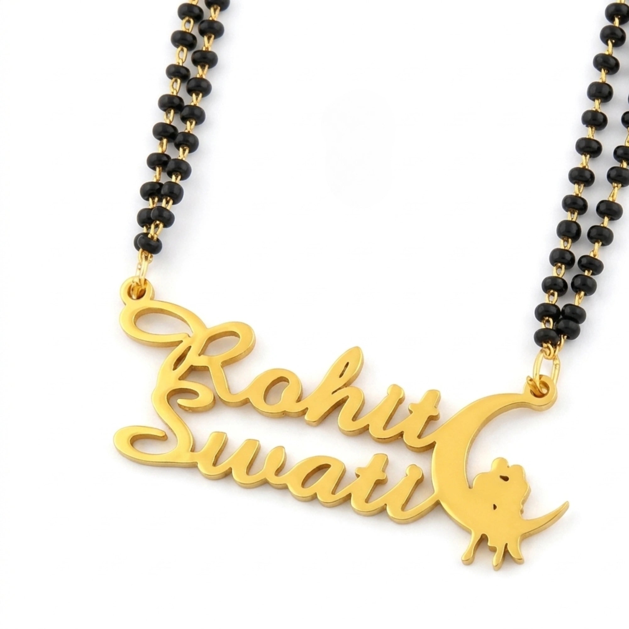 Custom Double Name Moon Mangalsutra - Custom Couple Name Jewelry with Moon & Couple Motif