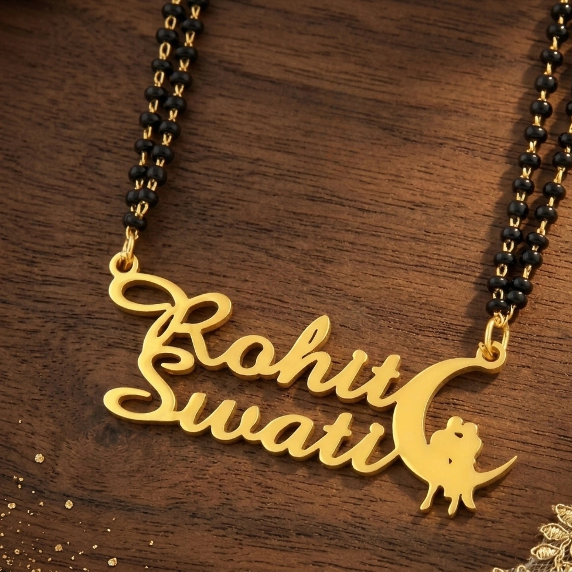 Custom Double Name Moon Mangalsutra - Custom Couple Name Jewelry with Moon & Couple Motif