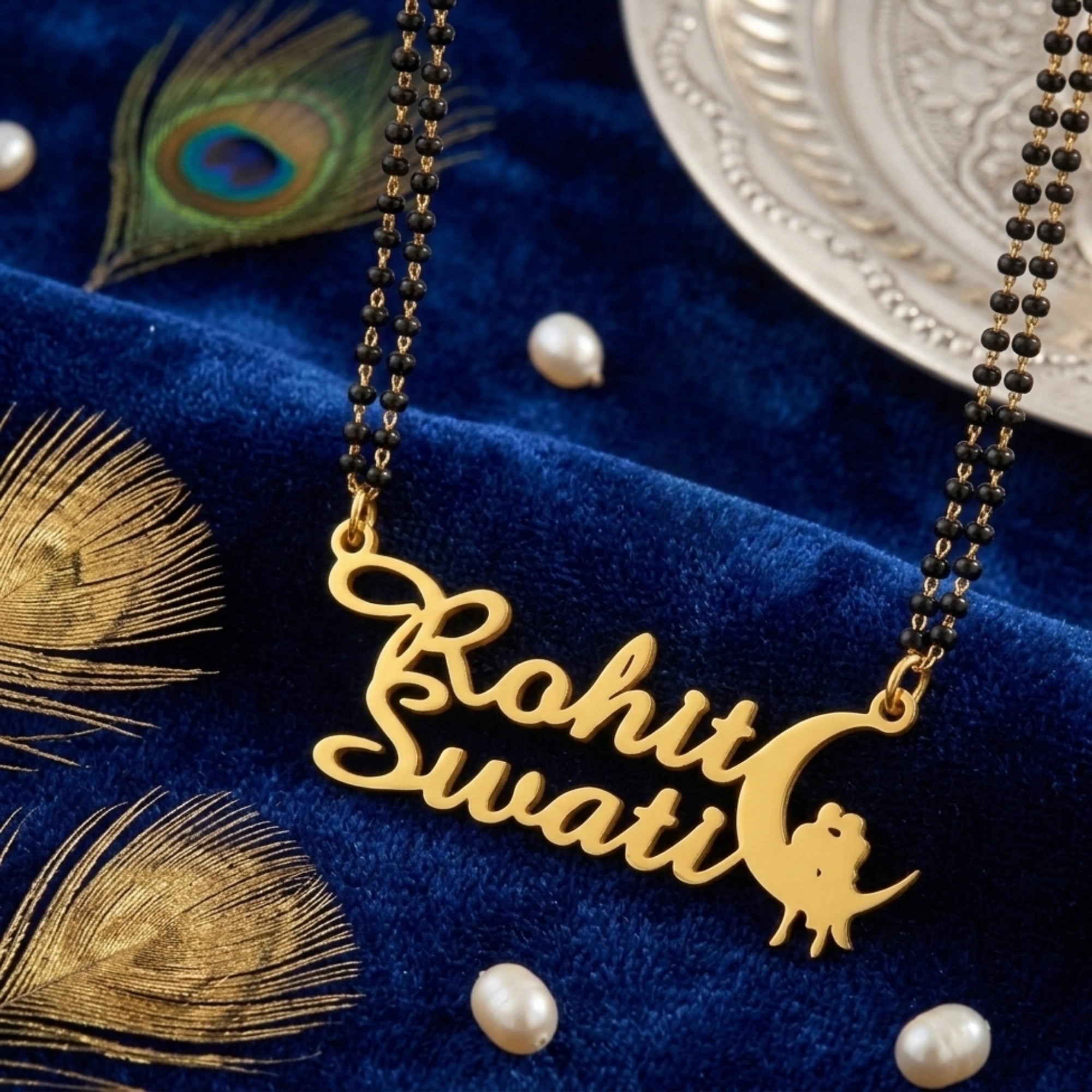 Custom Double Name Moon Mangalsutra - Custom Couple Name Jewelry with Moon & Couple Motif