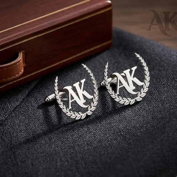 Personalized Initial Name Cufflinks for Men, Custom Letter Cufflinks with Laurel Wreath Design, Silver Finish Monogram Cuff Links for Groom Wedding Anniversary Birthday Gift for Husband Boyfriend Father
