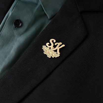 MOSKAI Initials Name Brooch Pin with Floral Design