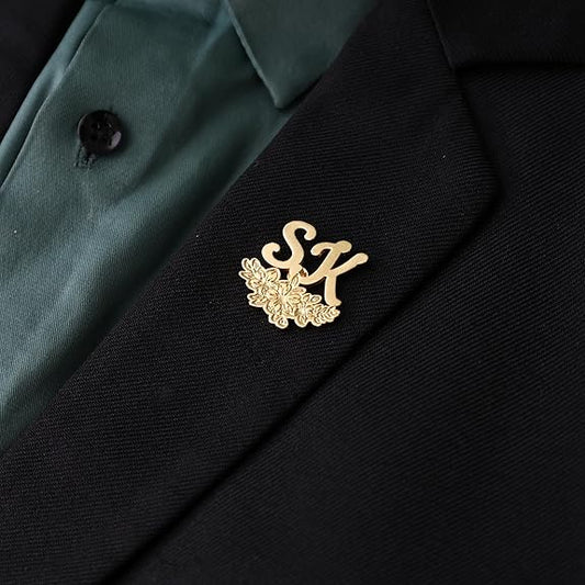 MOSKAI Initials Name Brooch Pin with Floral Design