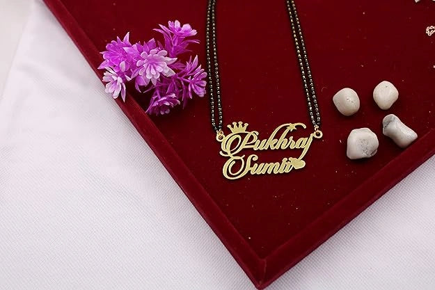 Personalized Crown & Heart Couple Name Mangalsutra – Gold Plated Double Name Pendant
