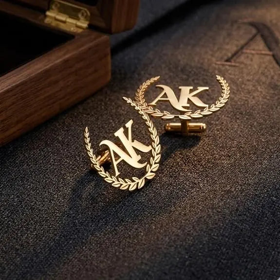 Personalized Initial Name Cufflinks for Men, Custom Letter Cufflinks with Laurel Wreath Design, Silver Finish Monogram Cuff Links for Groom Wedding Anniversary Birthday Gift for Husband Boyfriend Father