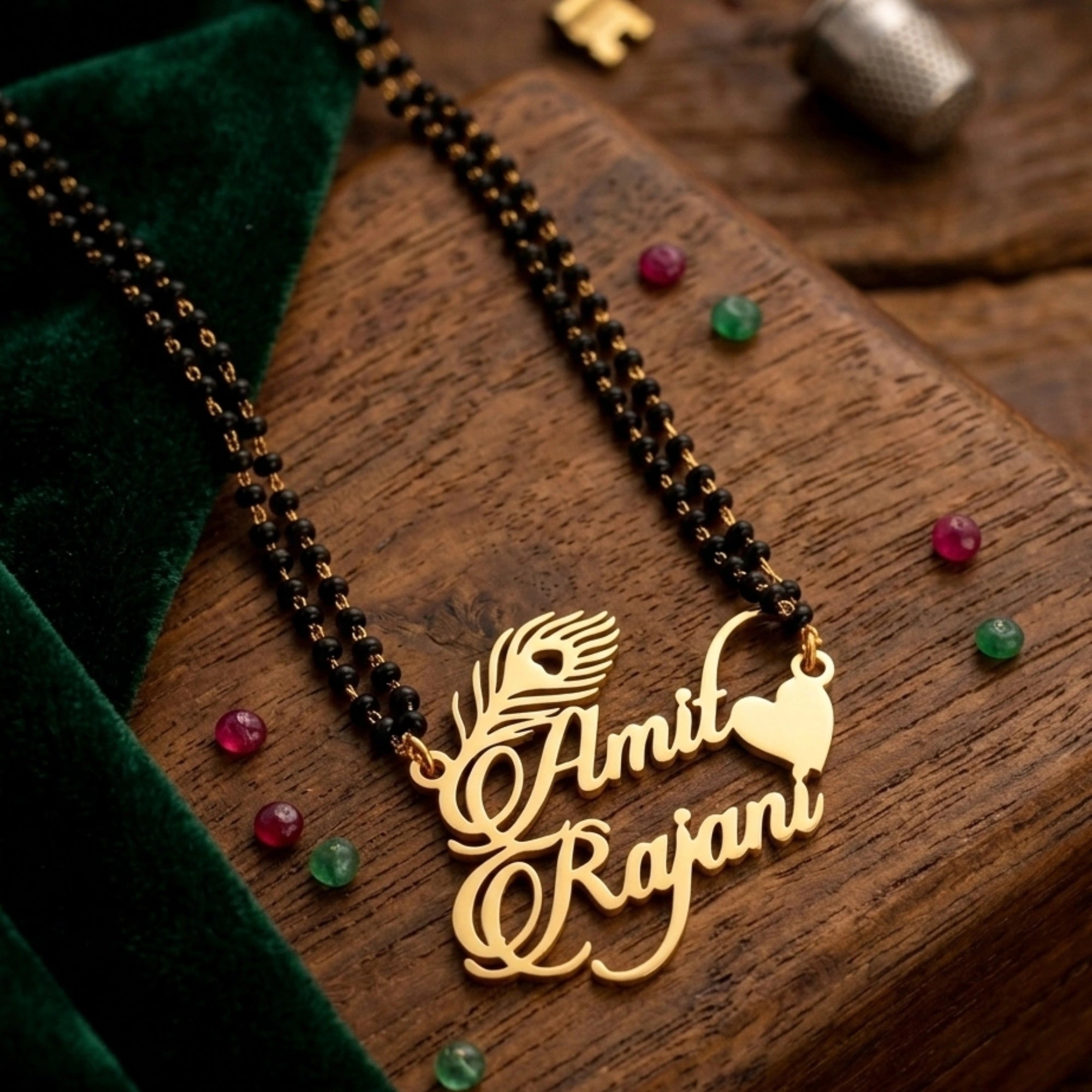 Personalized Couple Name Peacock Feather Mangalsutra - Custom Couple Name Jewelry with Mor Pankh & Heart