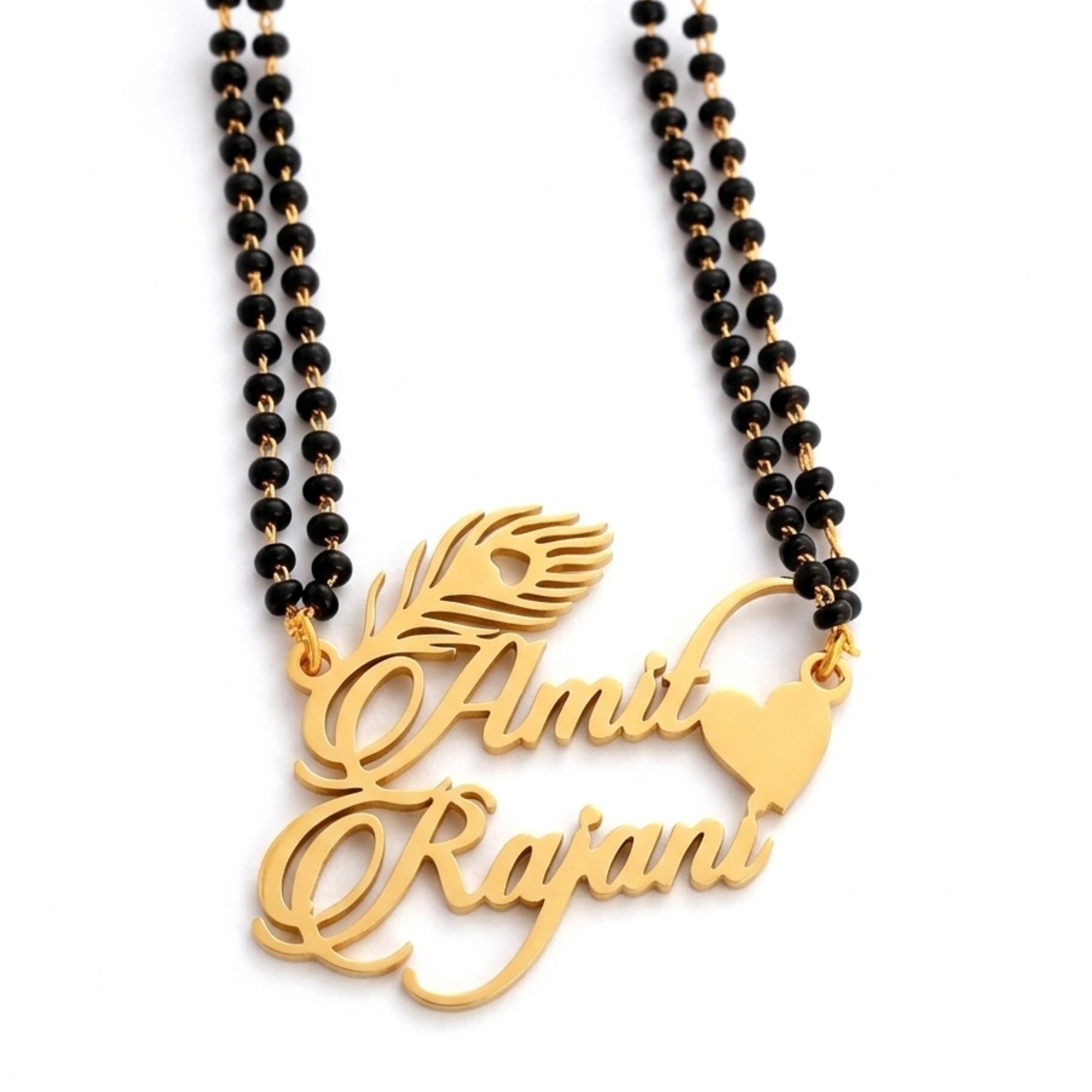Personalized Couple Name Peacock Feather Mangalsutra - Custom Couple Name Jewelry with Mor Pankh & Heart