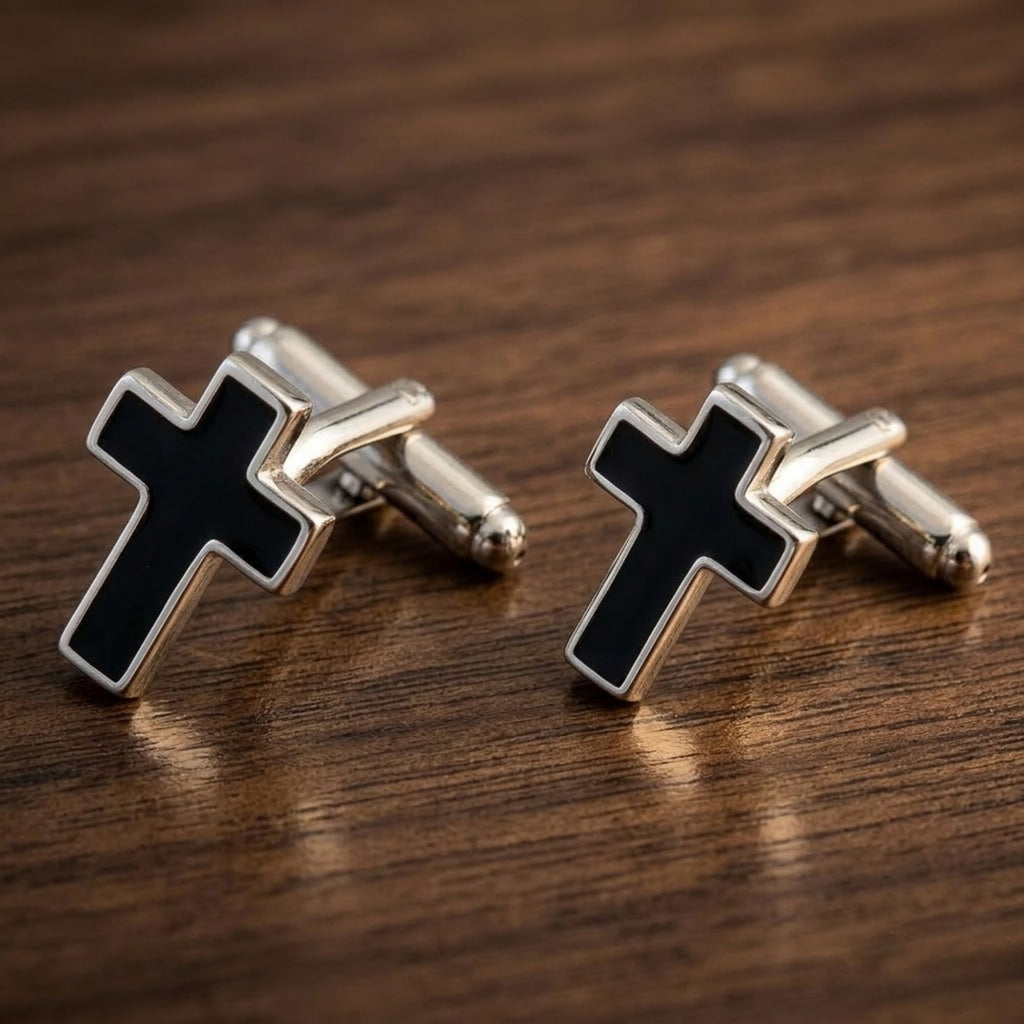 Premium Men’s Black Cross Cufflinks & Tie Clip Combo Set- Luxury Christian Gift Set for Weddings & Office Wear