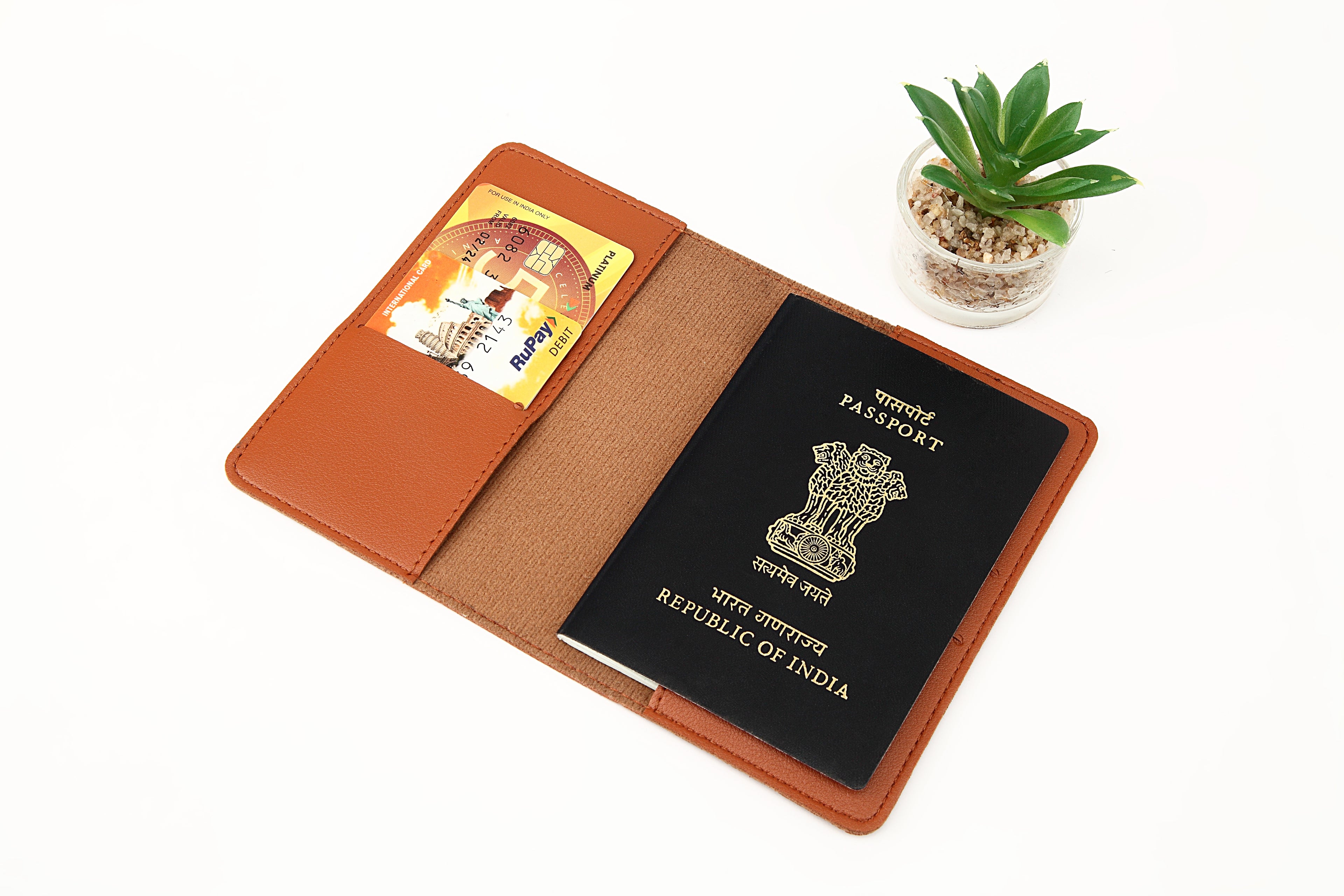 Personalized Tan Brown Passport Cover With 4 Card Slots