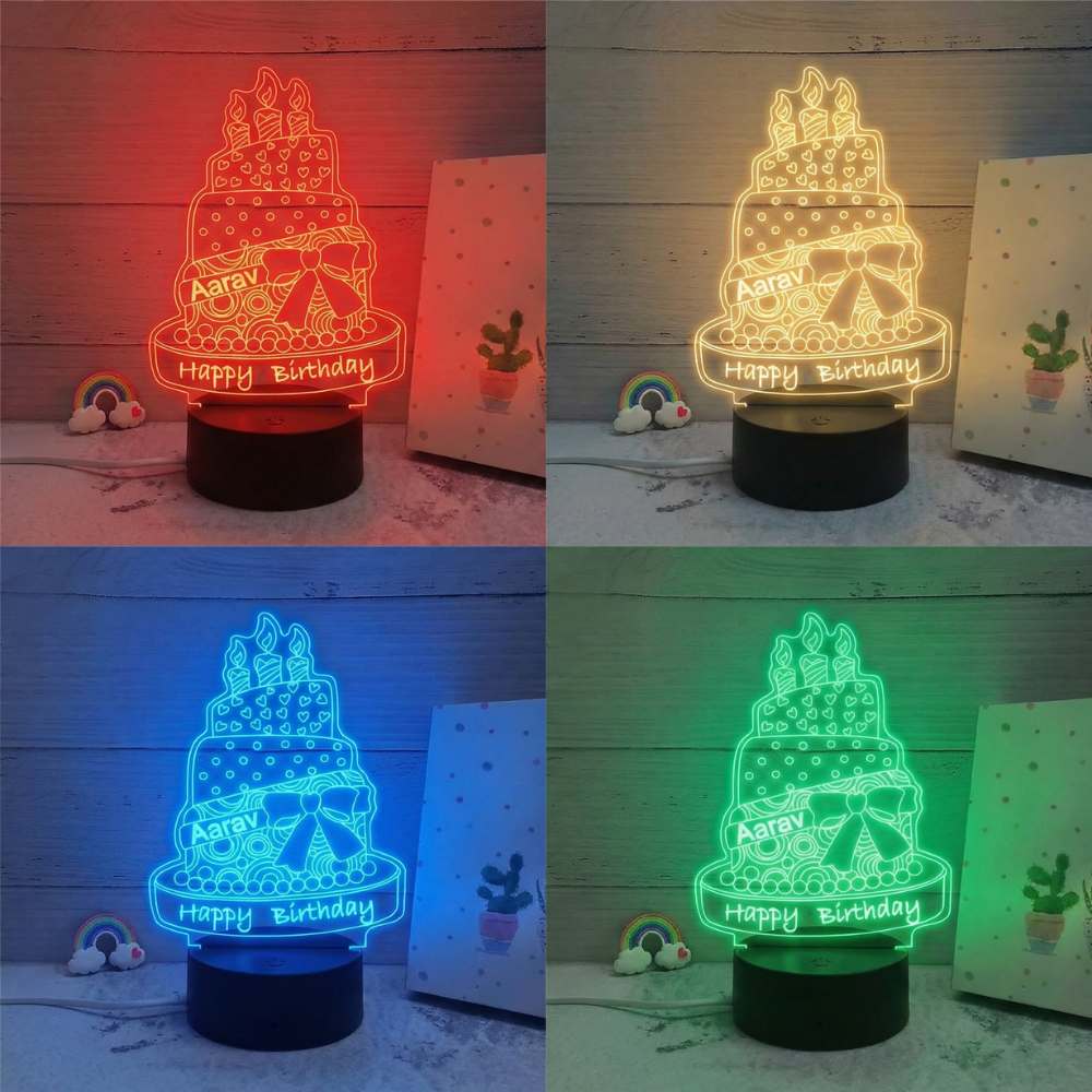 Moskai Birthday Cake LED Lamp – Personalised 3D Illusion Night Light with Custom Name & Multicolor LED Base