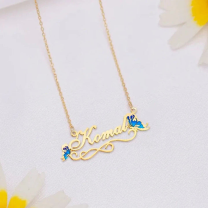 Moskai Blue Butterfly Enamel Custom Name Pendant | Personalized Necklace for Her