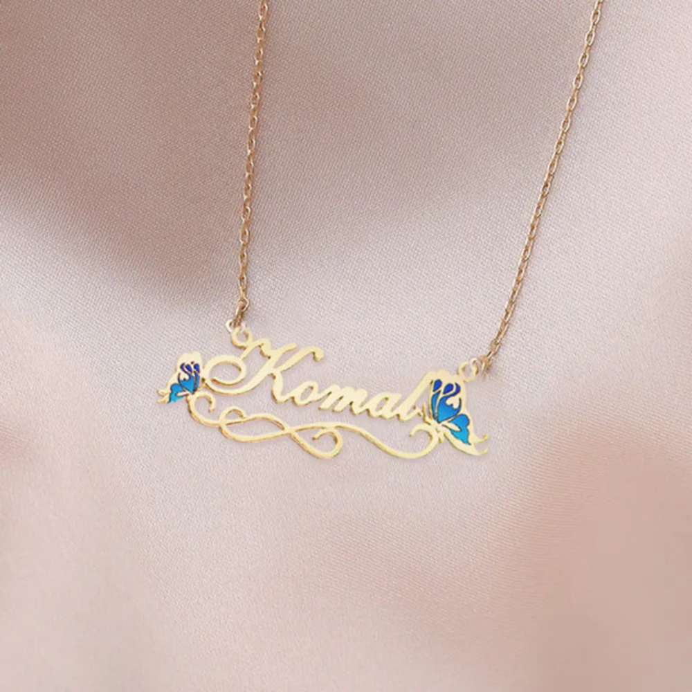 Moskai Blue Butterfly Enamel Custom Name Pendant | Personalized Necklace for Her
