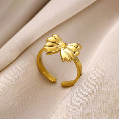 MOSKAI Gold Plated Bow Themed Adjustable Ring | Stainless Steel Anti Tarnish Jewelry