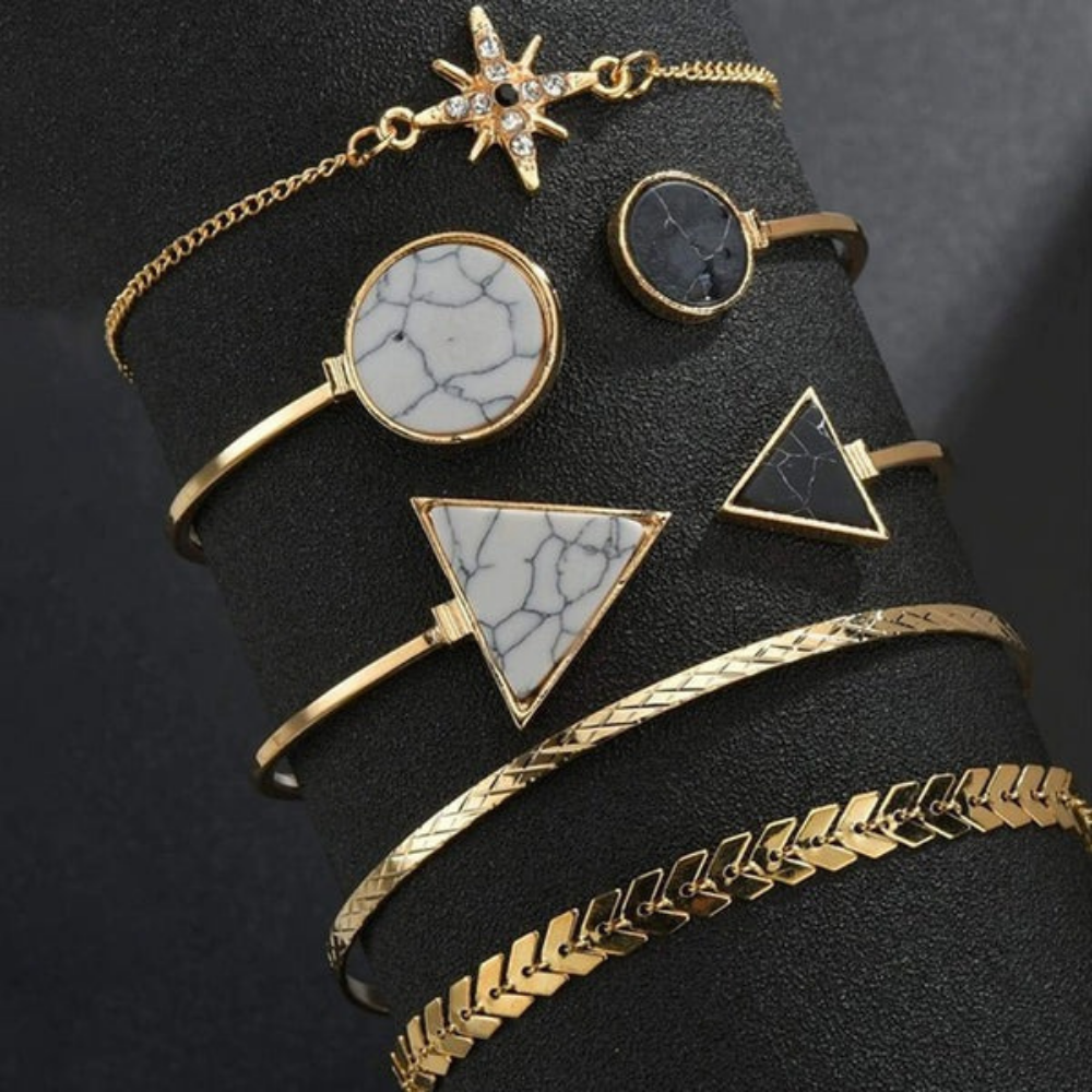 Gold Plated Geometric Bracelet | Stackable Korean Style | Pack of 5 Adjustable