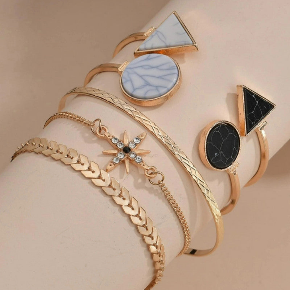 Gold Plated Geometric Bracelet | Stackable Korean Style | Pack of 5 Adjustable