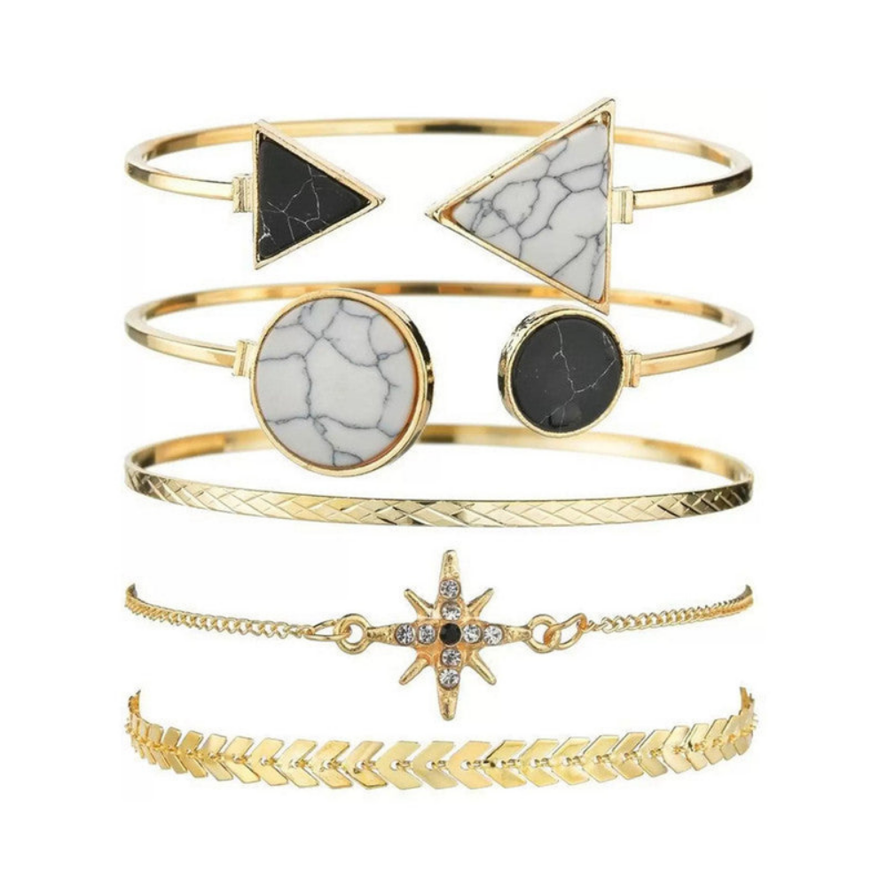 Gold Plated Geometric Bracelet | Stackable Korean Style | Pack of 5 Adjustable