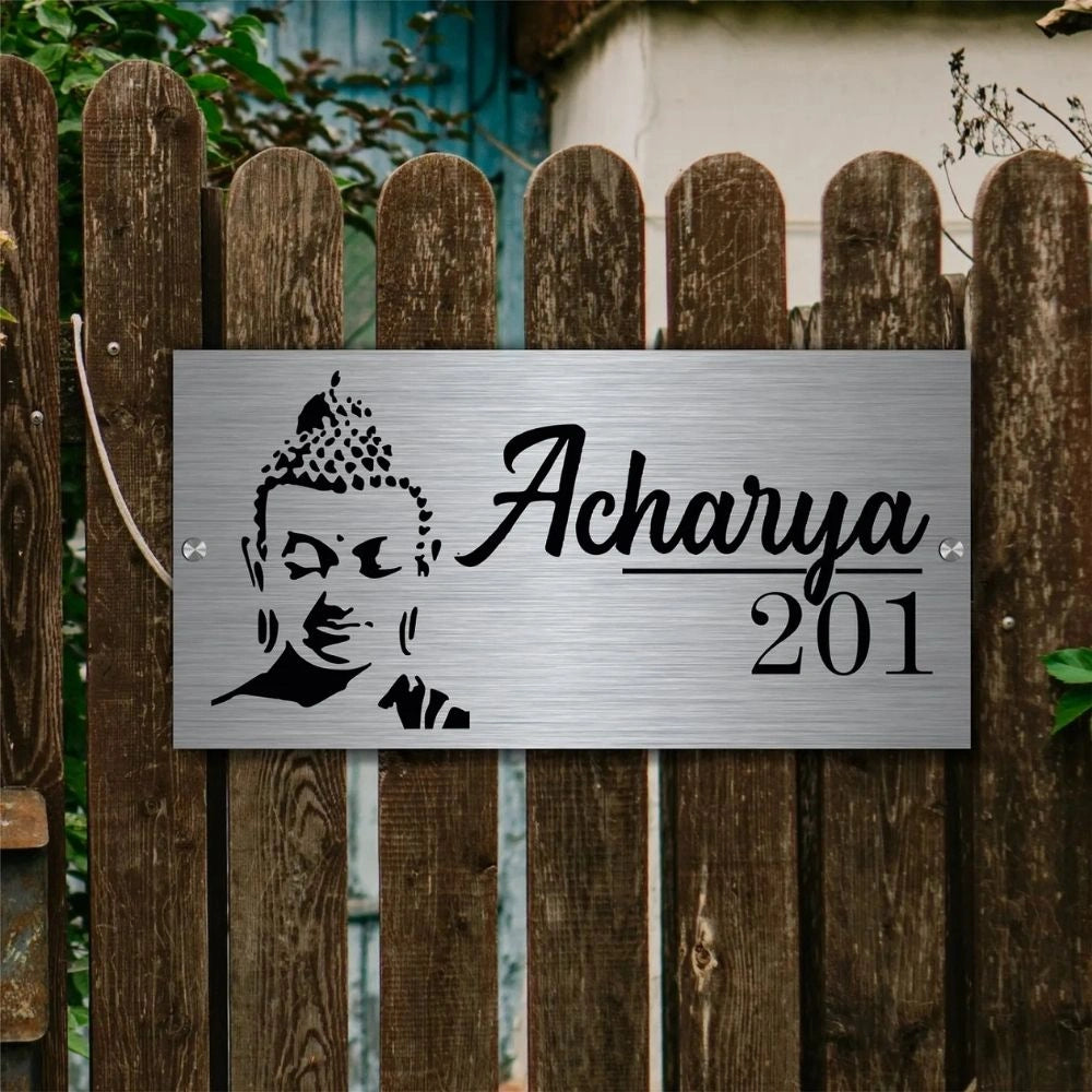 Personalized Buddha Theme Metal Nameplate - Zen Decor for Home Entrance 4 x 12 Inches
