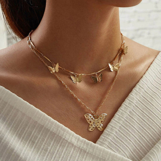 MOSKAI Gold Plated Butterfly Inspired Layered Necklace | Anti Tarnish Fashion Jewelry