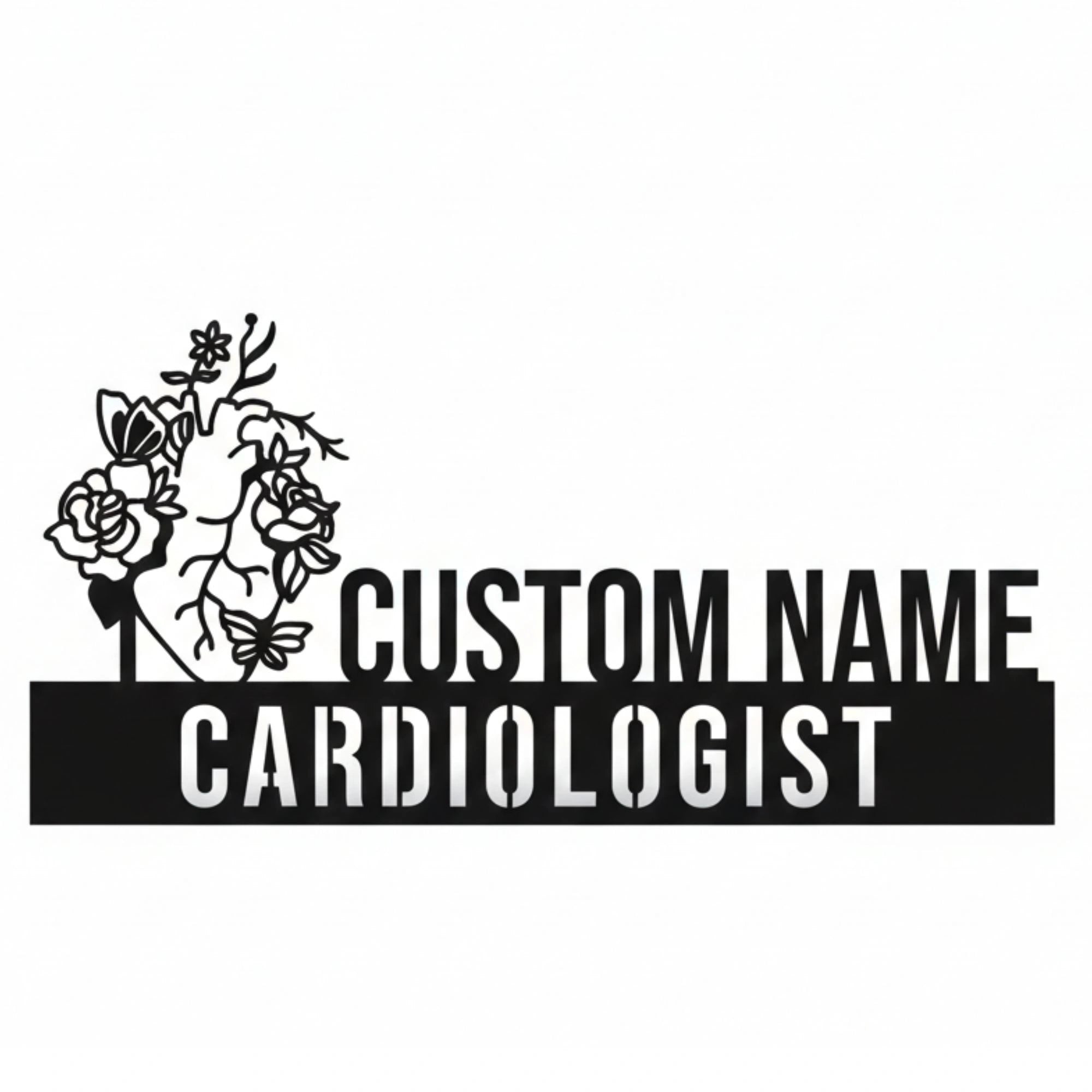 Custom Cardiologist Name Plate - Personalized Stainless Steel Doctor Desk Sign, Floral Heart Anatomy Medical Office Decor