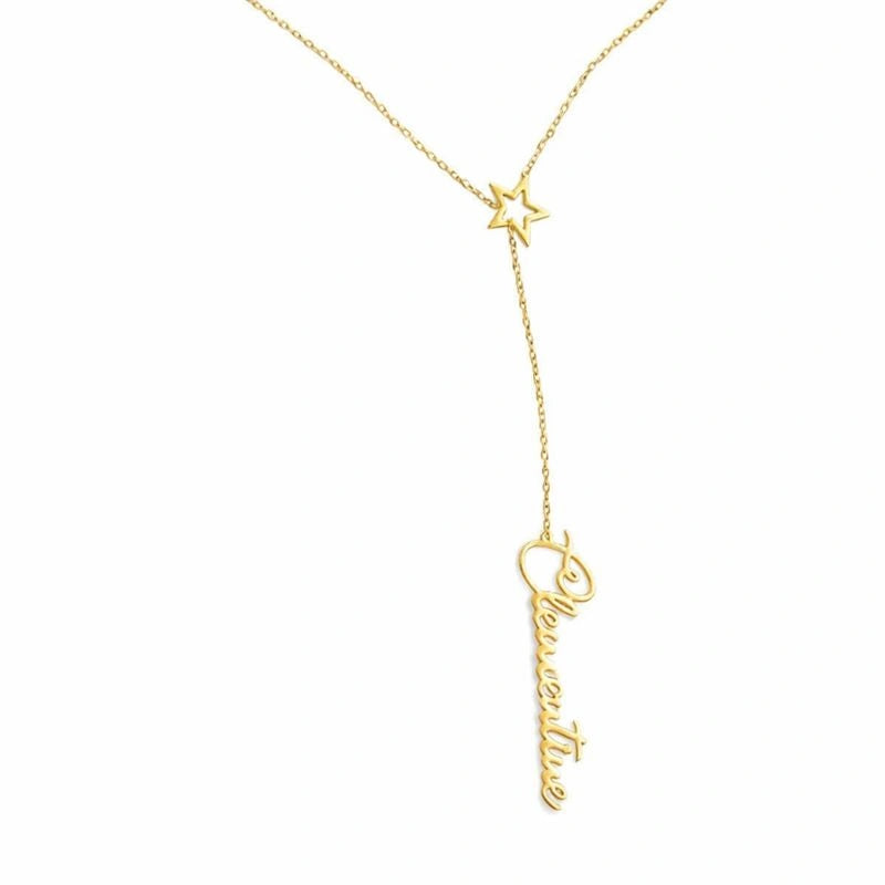 Custom Vertical Name & Star Charm Y-Lariat Necklace – Personalized Script Nameplate with Dainty Star Accent