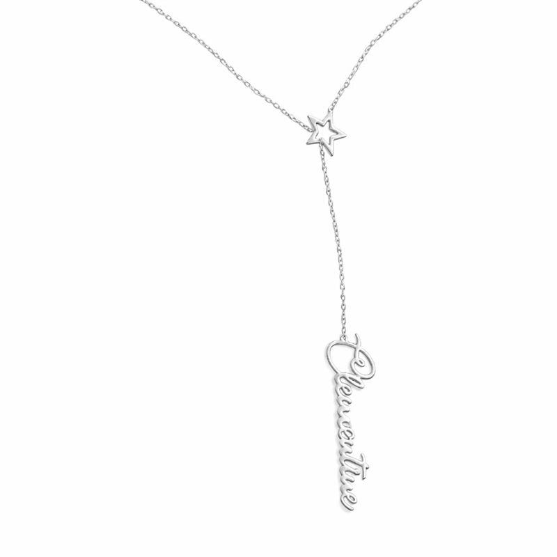 Custom Vertical Name & Star Charm Y-Lariat Necklace – Personalized Script Nameplate with Dainty Star Accent