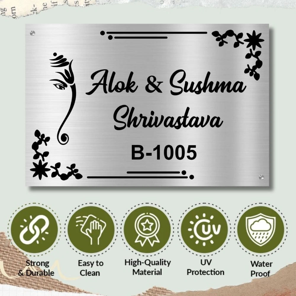 Personalized Ganesha Metal Name Plate with Number for Home - Luxury Gold & Silver Finish 8 x 12 Inches