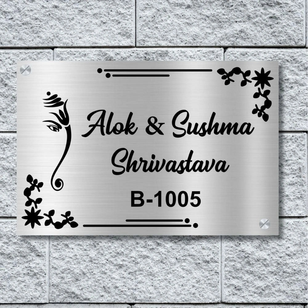 Personalized Ganesha Metal Name Plate with Number for Home - Luxury Gold & Silver Finish 8 x 12 Inches