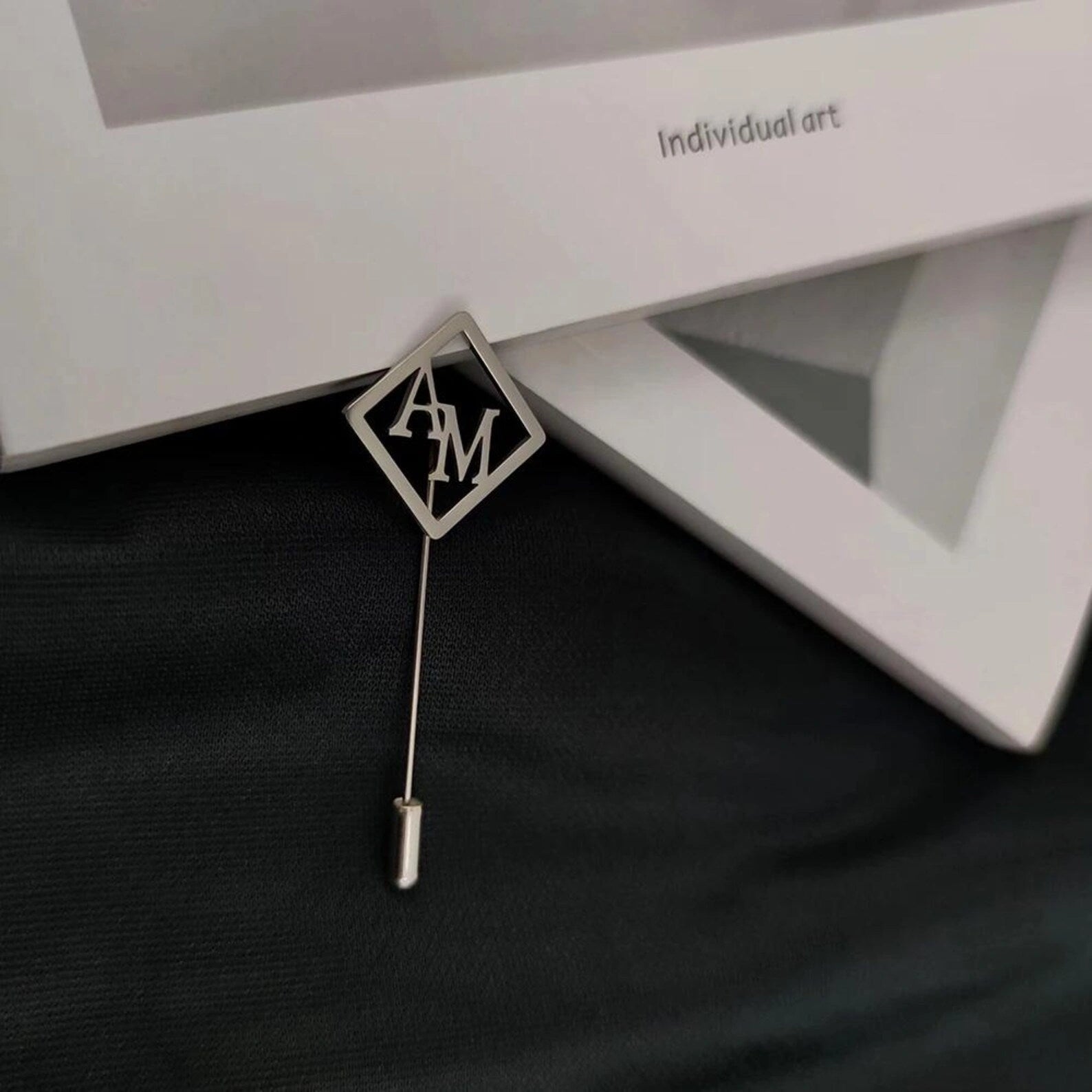 Personalized Initial Geometric Lapel Pin - Custom Silver Diamond Monogram Brooch for Men's Blazers & Suits