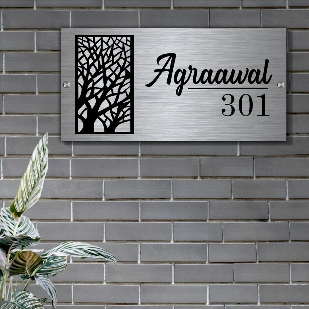 Wish Tree Personalized Metal Surname & Number Nameplate for Home – Elegant Custom Door Sign