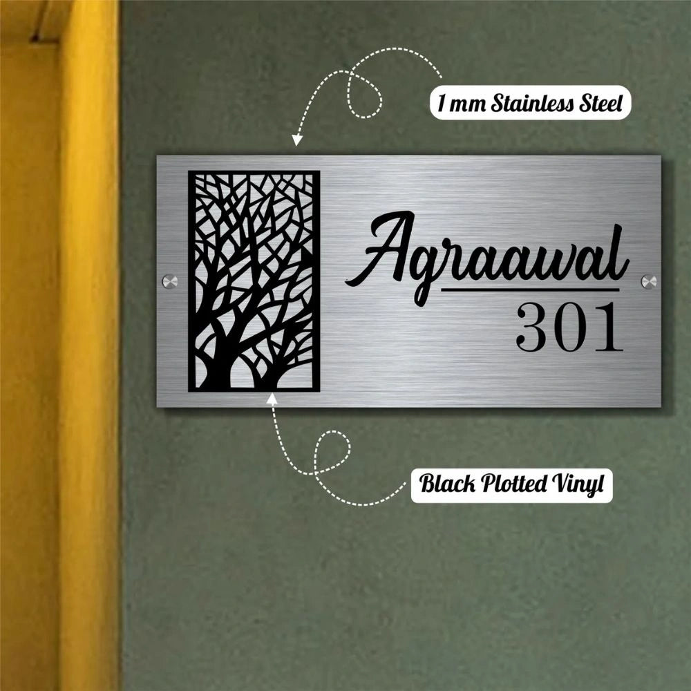 Wish Tree Personalized Metal Surname & Number Nameplate for Home – Elegant Custom Door Sign