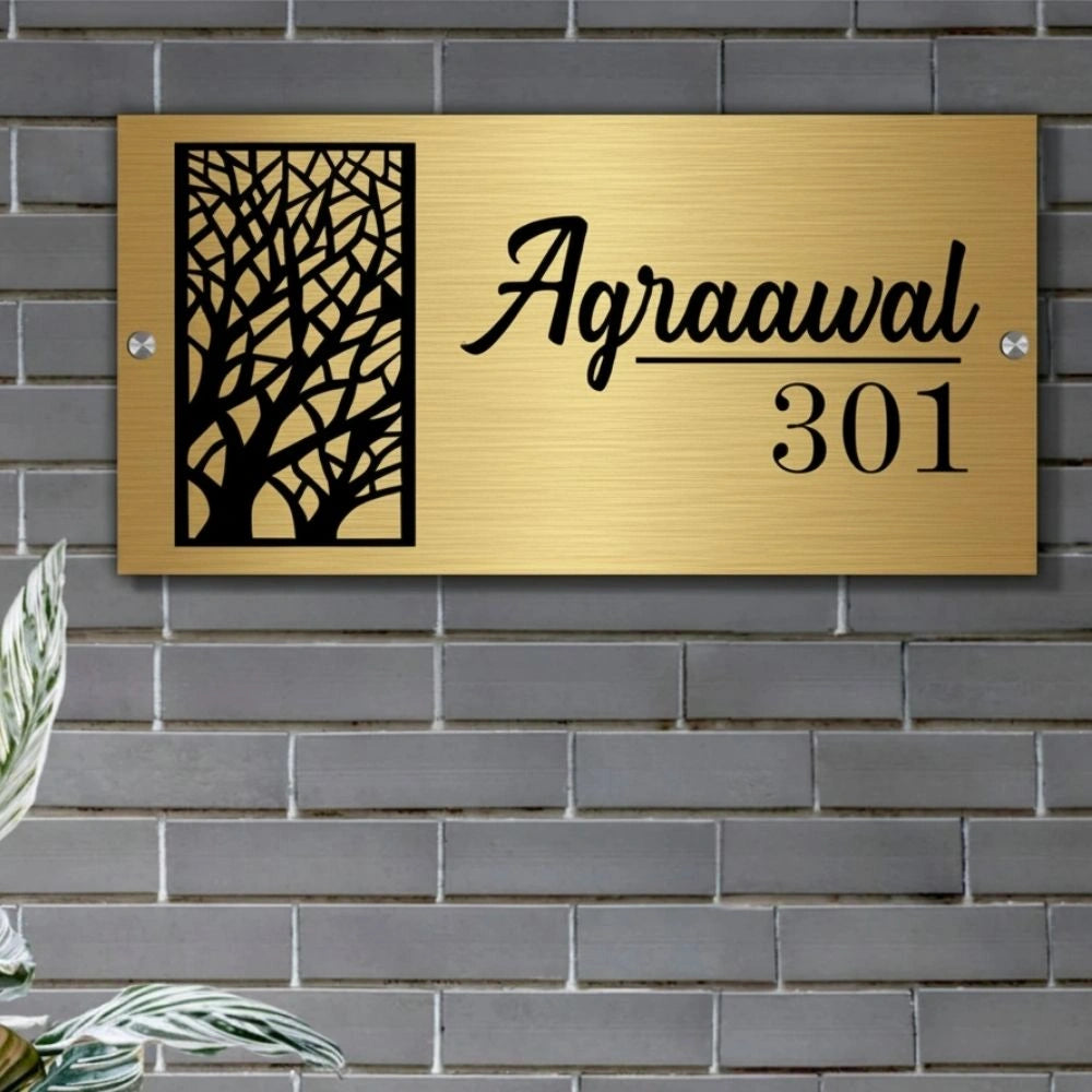 Wish Tree Personalized Metal Surname & Number Nameplate for Home – Elegant Custom Door Sign