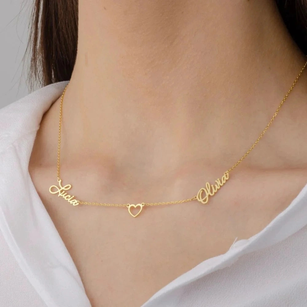 Personalized Couple Name Necklace with Heart Connector - Custom Two Name Pendant for Women