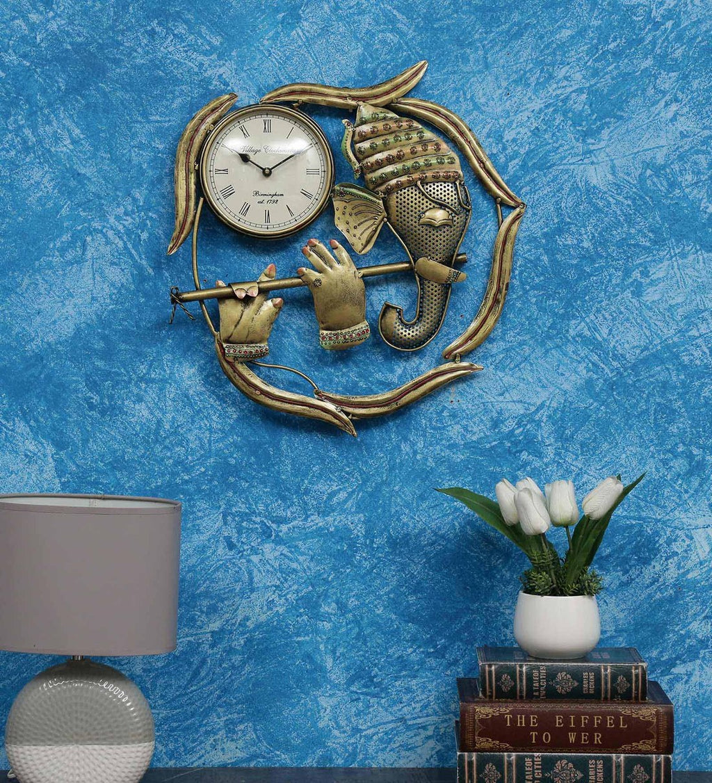 Mosaki Ganesha Wall Clock Frame | Golden Timepiece