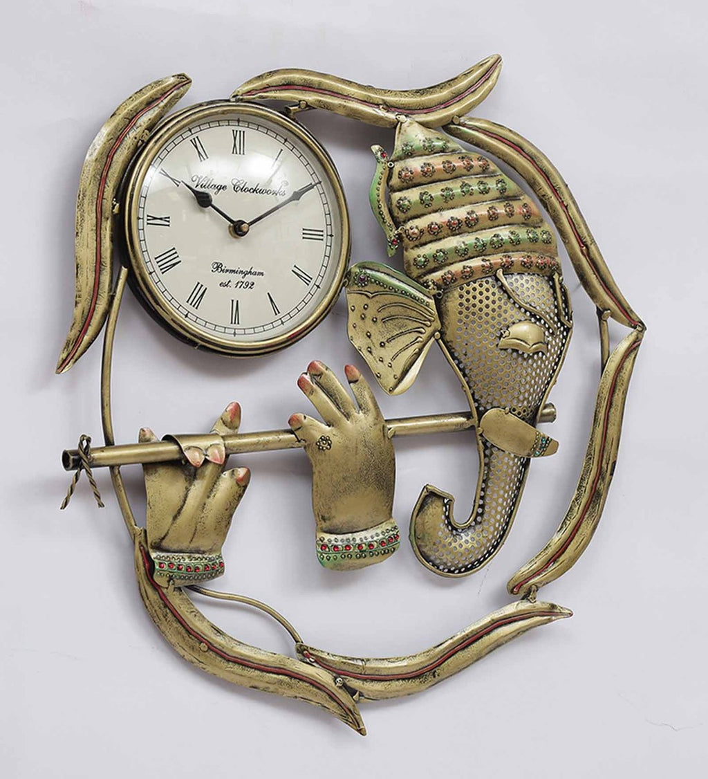 Mosaki Ganesha Wall Clock Frame | Golden Timepiece
