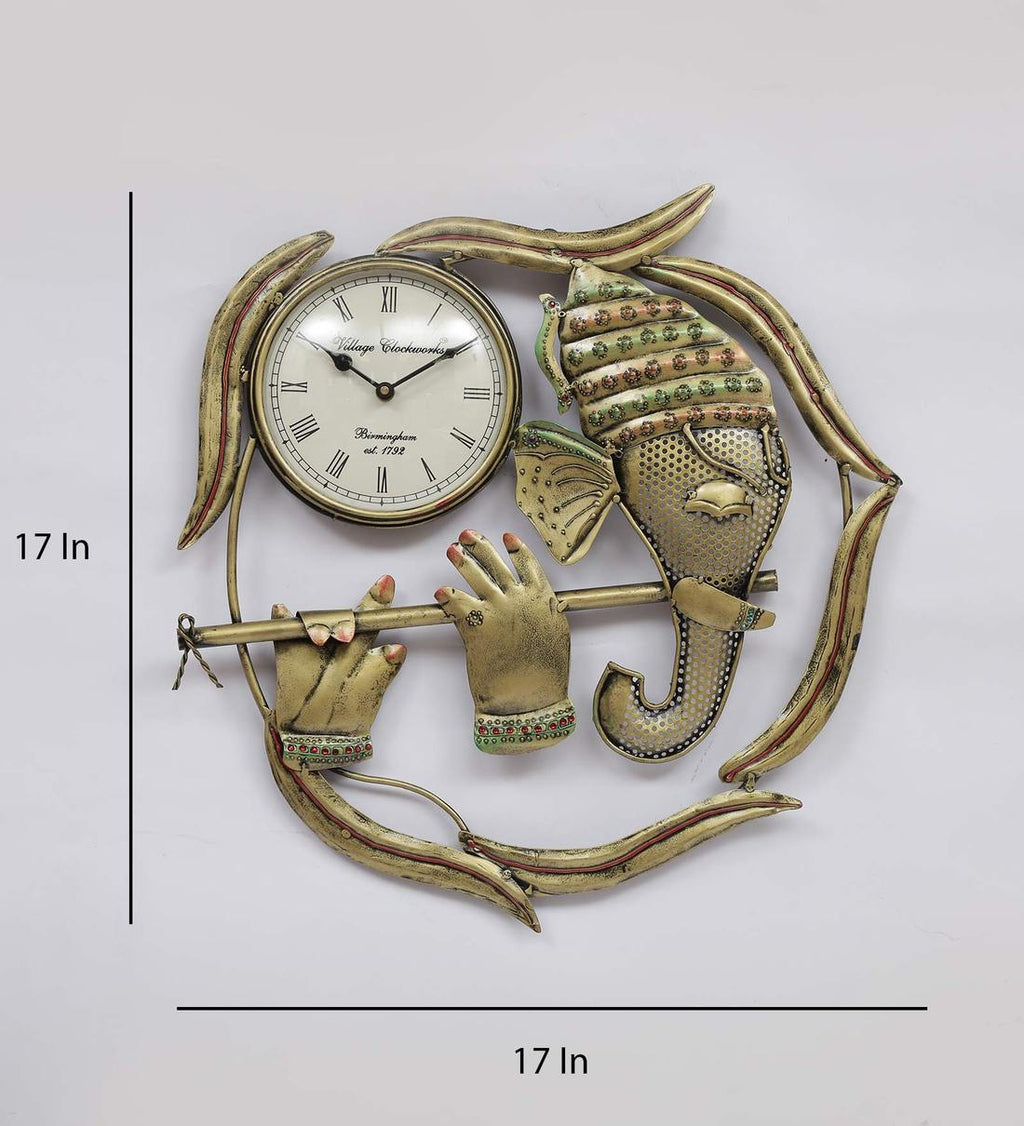 Mosaki Ganesha Wall Clock Frame | Golden Timepiece