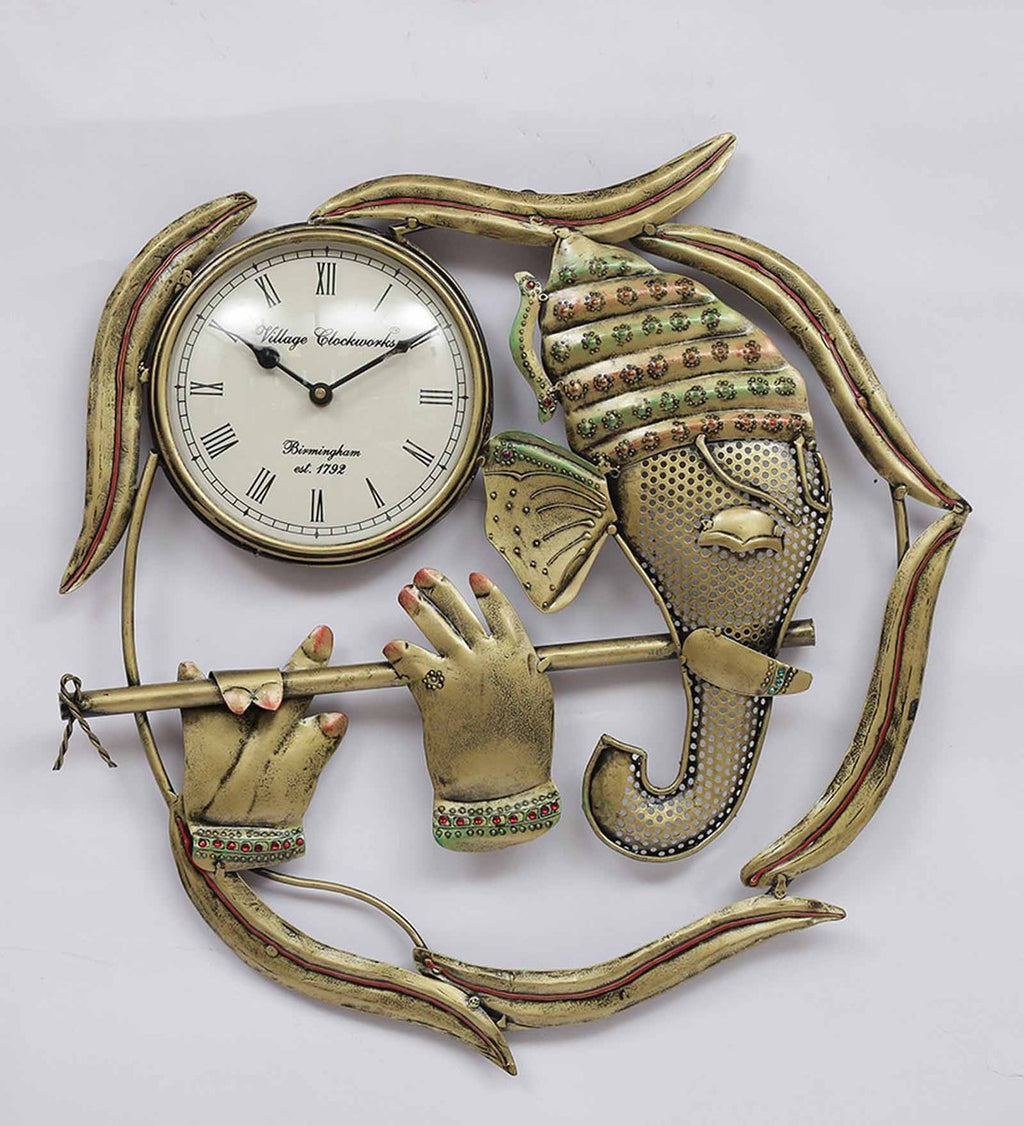 Mosaki Ganesha Wall Clock Frame | Golden Timepiece