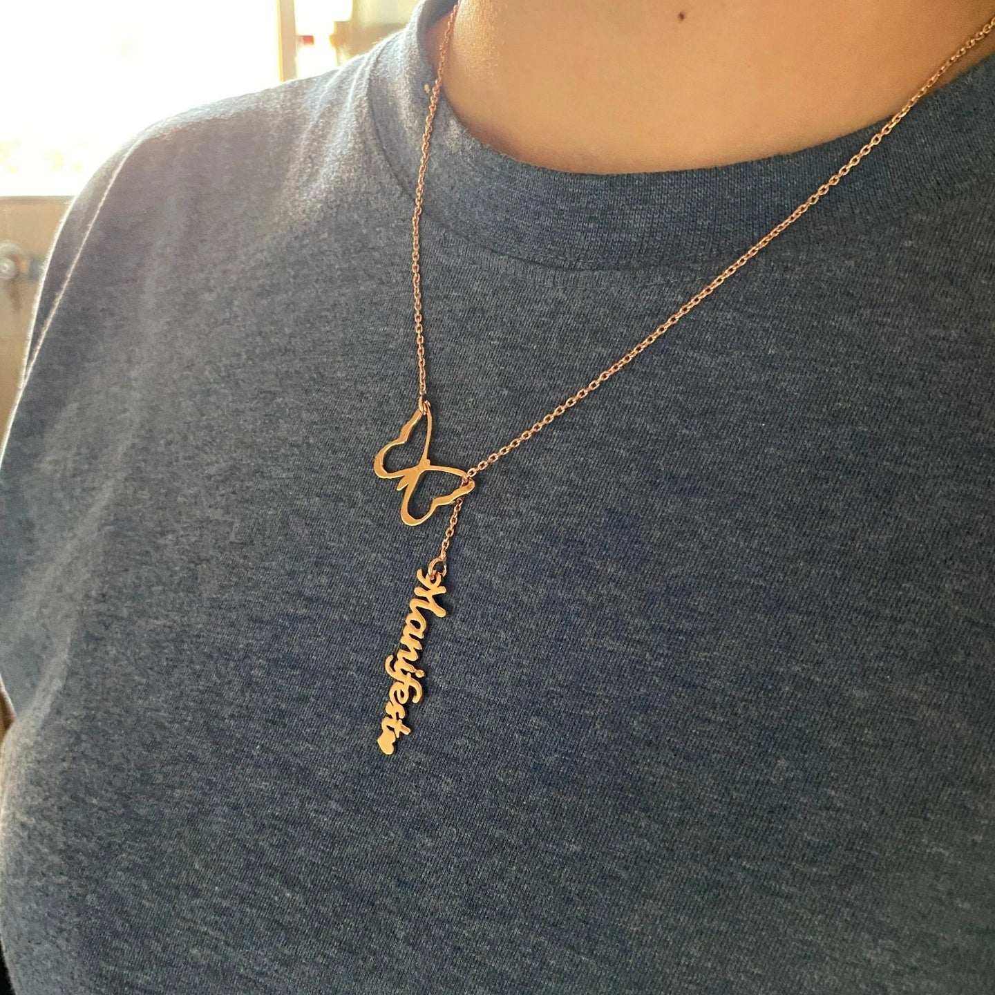 Personalized Butterfly Name Y-Necklace - Custom Vertical Nameplate Pendant with Butterfly Charm for Women & Girls