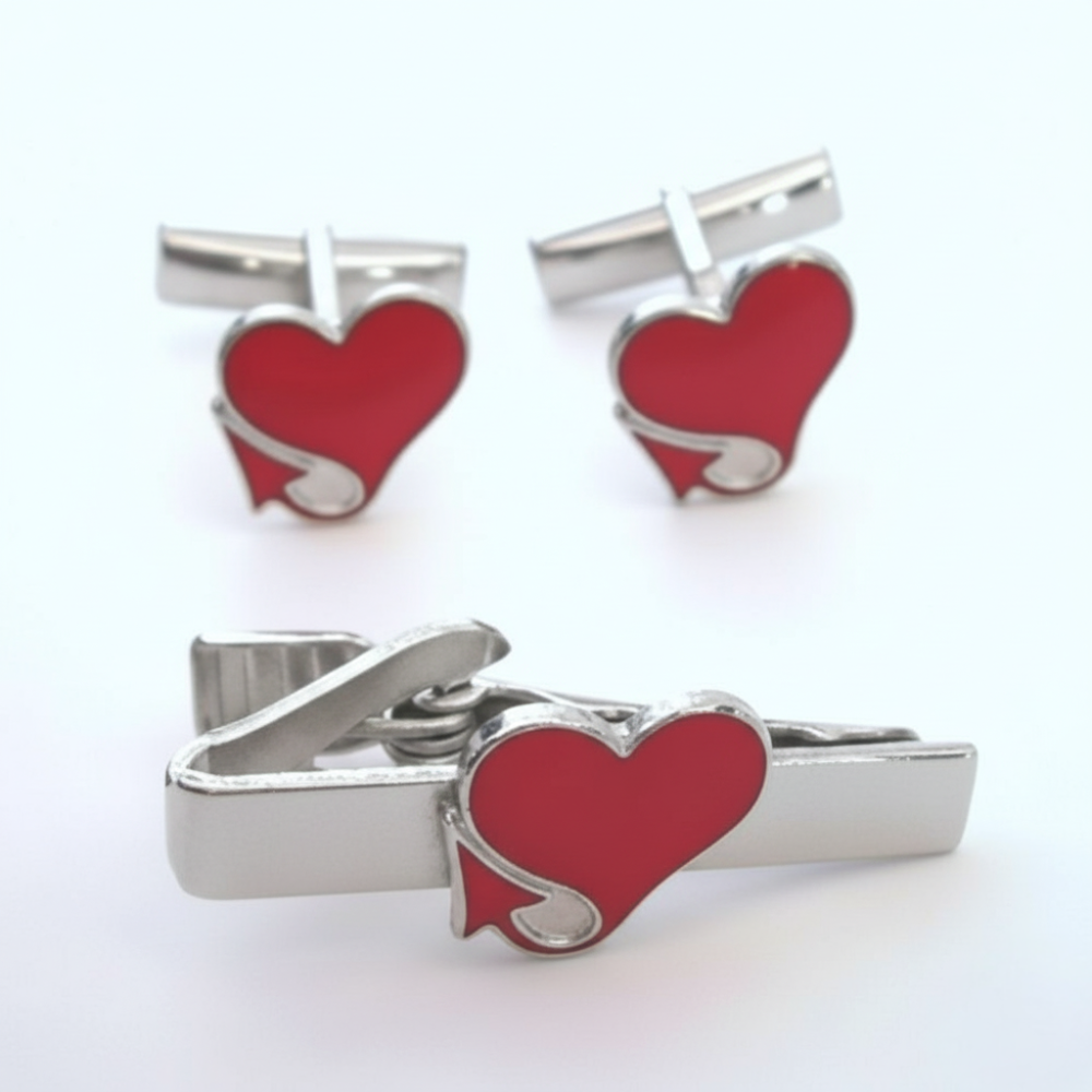 Heart with Devil’s Tail Cufflinks & Tie Clip Combo Set | Moskai Valentine Love Collection