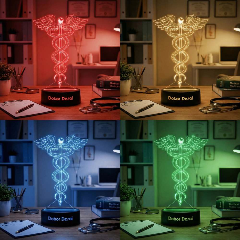 Moskai Doctor Symbol Personalised LED Lamp – Custom Name Medical Caduceus Night Light with LED Base
