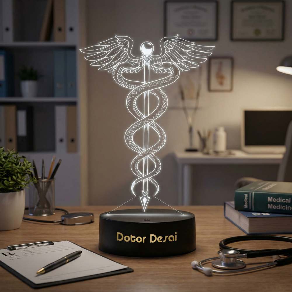 Moskai Doctor Symbol Personalised LED Lamp – Custom Name Medical Caduceus Night Light with LED Base